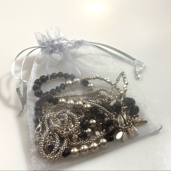 Fashion Necklace Long Three Strands Black Acrylic And Silver Tone Beads 36”+ 3” - Picture 12 of 14